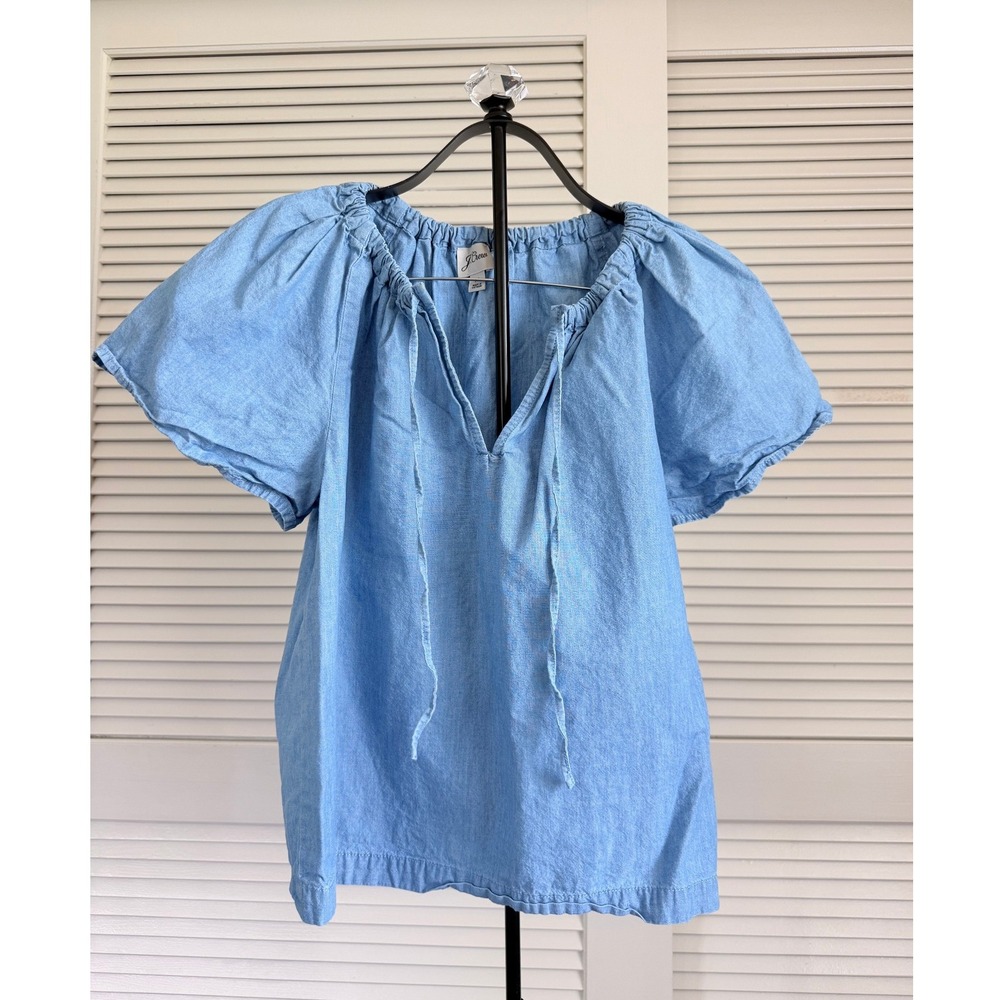 J. Crew Chambray Peasant Top Light Wash Blue Puff Sleeve Blouse Medium